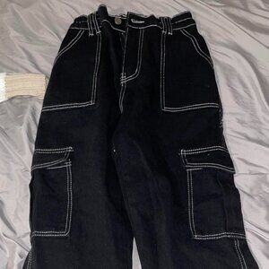 Black cargo pants with white stitching